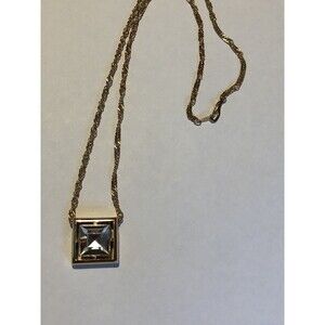 Vintage Signed Avon Pendant Gold Tone Square Clear Gem Retro On A Vintage 18" Ch